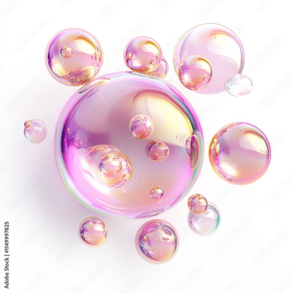 Poster pink iridescent soap bubbles floating on white background.