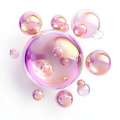 Pink iridescent soap bubbles floating on white background.
