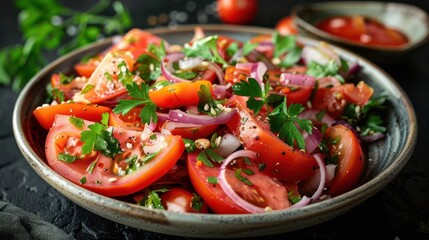 A vibrant salad featuring fresh tomatoes, onions, and herbs in a decorative bowl.