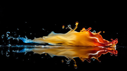 Colorful splash of water representing vibrant hues of Holi festival, dynamic motion on reflective surface