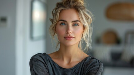Fototapeta premium Portrait of a young elegant fair-haired girl in a home environment. Concept of a well-groomed girl.
