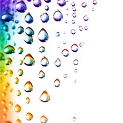 Colorful water droplets cascading down white background, vibrant hues and reflections

