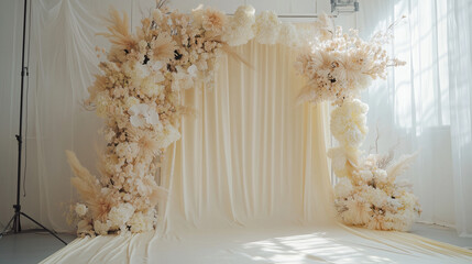 Elegant Photo Backdrop with Silk Drapes, Large Flowers, and Soft Lighting - Perfect for Sophisticated Shoots