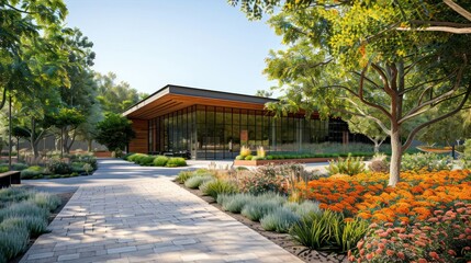 Obraz premium A modern building surrounded by vibrant gardens and pathways, promoting relaxation and nature.