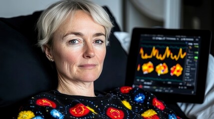 Thoughtful Woman Relaxing in Bed with Medical Data on Tablet