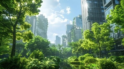 Fototapeta premium A vibrant urban landscape blending nature and modern architecture under a bright sky.
