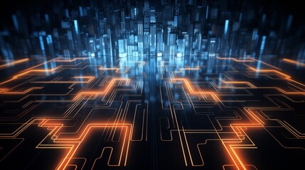 Obraz premium A digital illustration of a tech circuit pattern, ambient light, empty space on the left side for logo,generative ai illustration