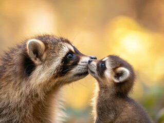 Fototapeta premium A tender moment between a raccoon and its baby, showcasing their close bond in nature.
