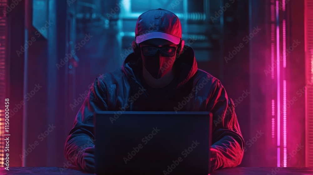 Poster anonymous hacker with computer laptop. cybercrime, cyberattack, dark web, red hat concept.