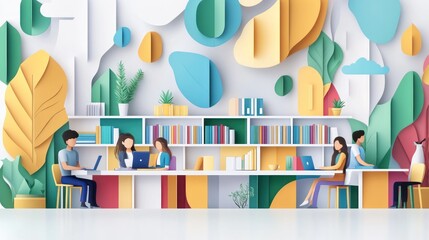 A vibrant workspace with people collaborating and studying in a colorful, modern environment.