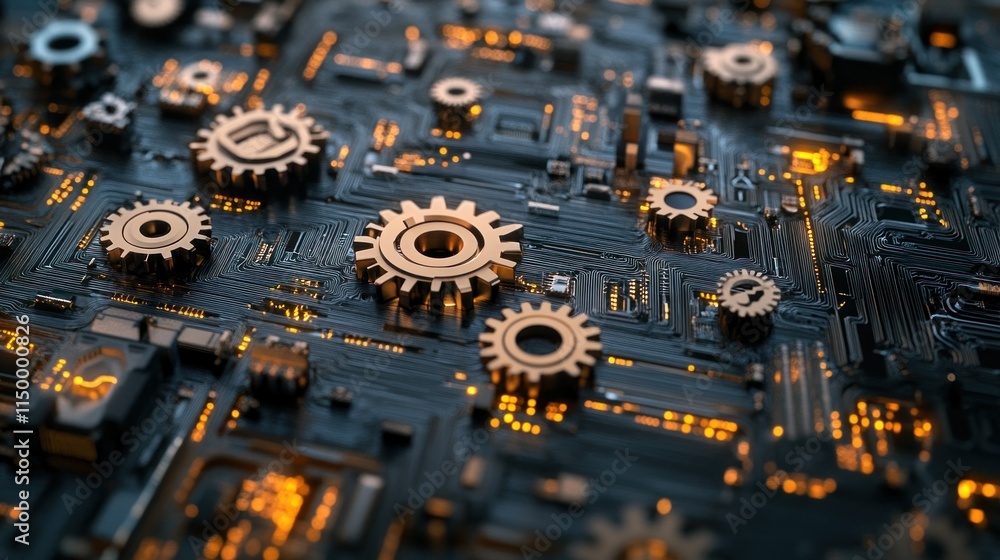 Aufkleber a close-up view of gears and circuitry, symbolizing the fusion of mechanics and technology.