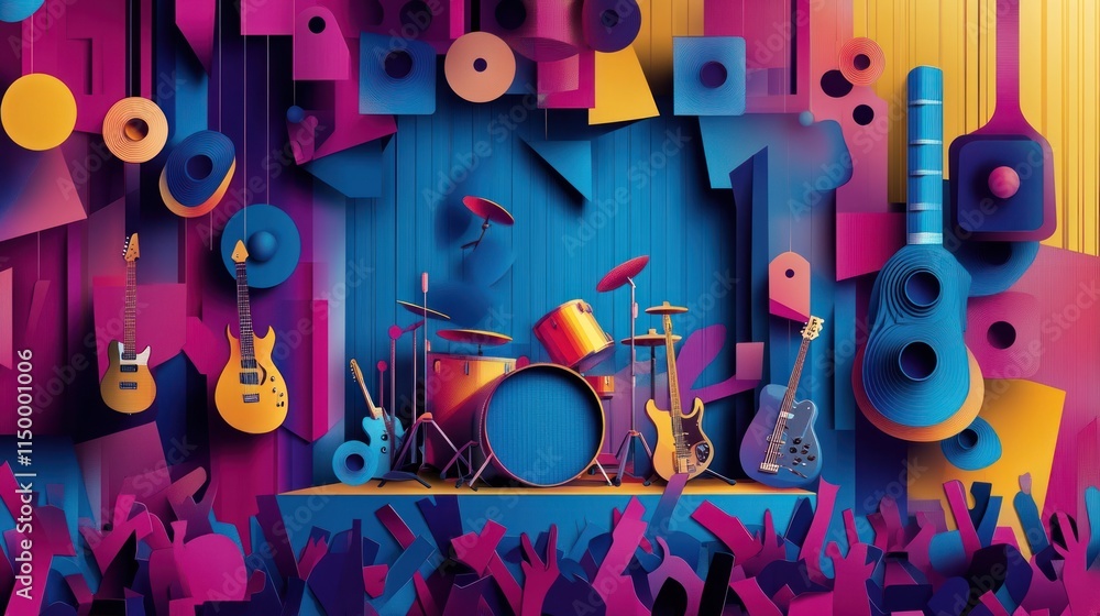 Poster a vibrant stage setup with musical instruments and an enthusiastic crowd silhouette.