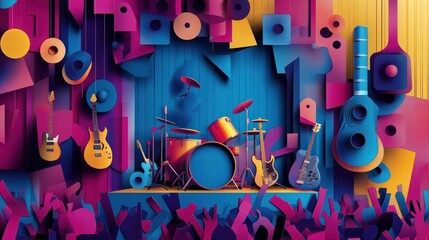 A vibrant stage setup with musical instruments and an enthusiastic crowd silhouette.