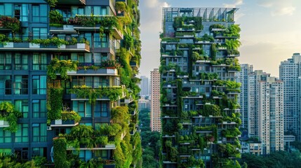 Obraz premium Modern buildings covered in greenery, showcasing urban eco-friendly architecture.