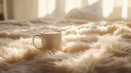 a coffee mug on a fluffy bedspread, surrounded by soft blankets and morning light, perfect for a serene, quiet moment