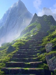 a steep, ancient staircase leading up a towering mountain. The steps are weathered and moss-covered