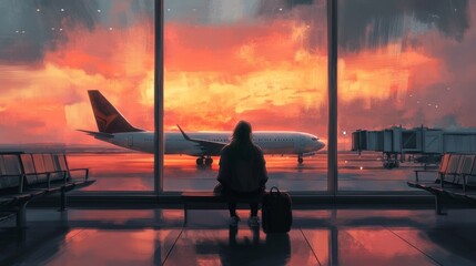 A woman sits quietly in an airport terminal, gazing out at a plane on the runway as the sky glows with the colors of sunset. The scene captures a peaceful, reflective moment, symbolizing travel and