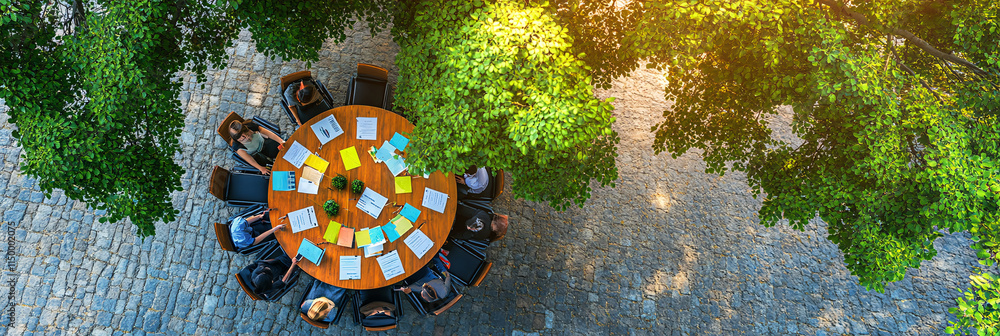 Poster an aerial view of a round table meeting under a large tree, surrounded by greenery, with colorful ch