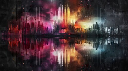 Fototapeta premium Abstract digital artwork featuring vibrant colors and sound wave patterns reflected in water.