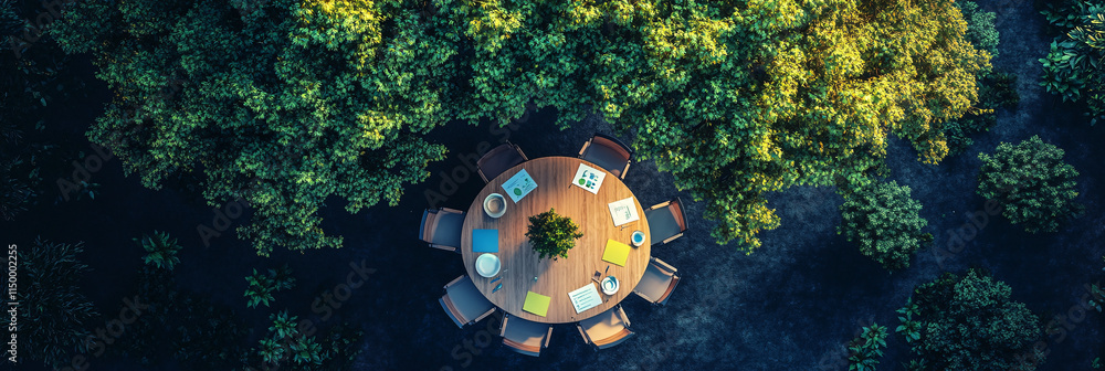 Poster an aerial view of a round table meeting under a large tree, surrounded by greenery, with colorful ch