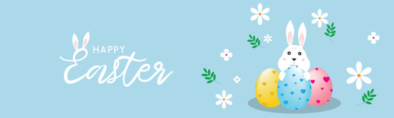 Happy Easter concept. Easter card with easter eggs and rabbit. Vector illustration.