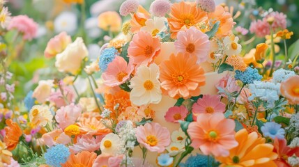 A vibrant arrangement of colorful flowers in a lush garden setting.