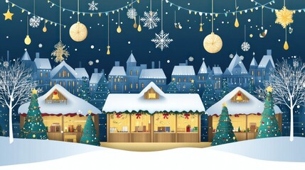 Fototapeta premium A festive winter scene featuring decorated market stalls, Christmas trees, and snow-covered buildings.