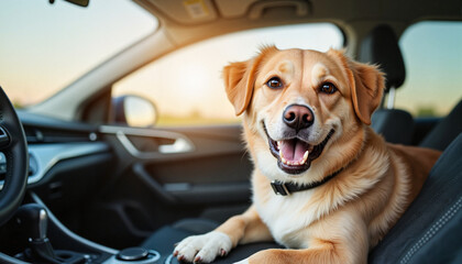 Happy dog sitting in the driver's seat of a car at sunset.