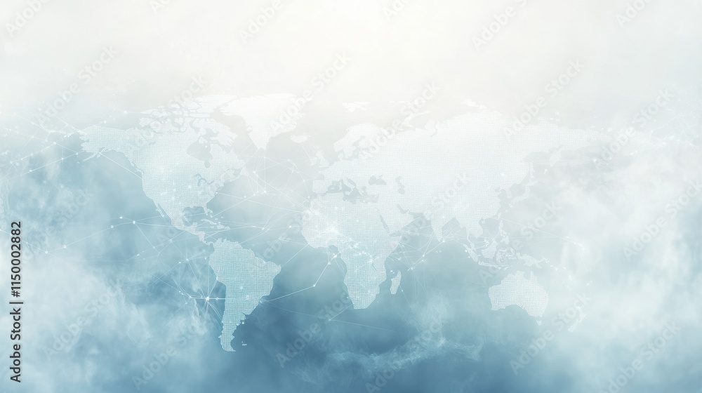 Poster light blue background with a digital world map and global network connections, representing the conc