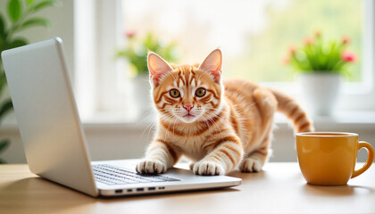 Ginger kitten playing on laptop with coffee mug nearby.