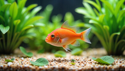 Orange freshwater fish swimming near green plants in aquarium.