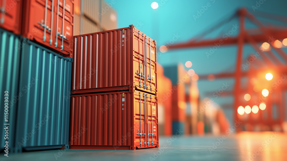 Poster stacked cargo containers at busy port with cranes in background