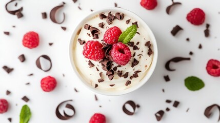 A delicious dessert featuring whipped cream, raspberries, and chocolate shavings.