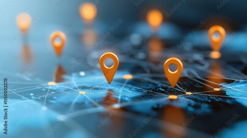Poster map with location pins and network connections, showcasing global tracking