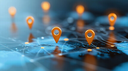 Map with location pins and network connections, showcasing global tracking