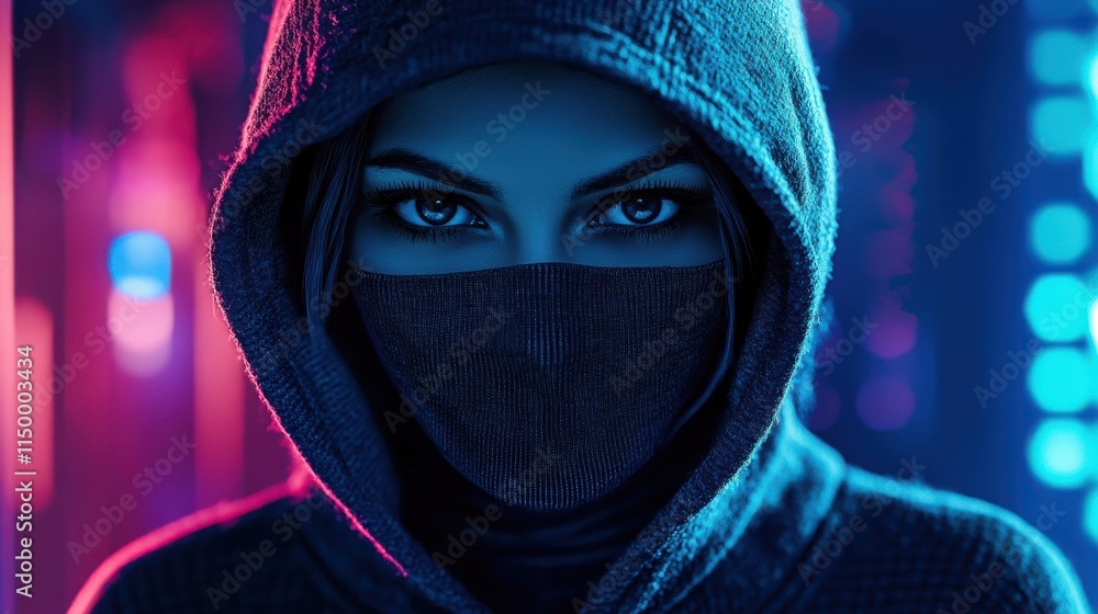 Poster portrait of a female hacker dressed in a hoodie and balaclava in a dimly lit room. with copy space i