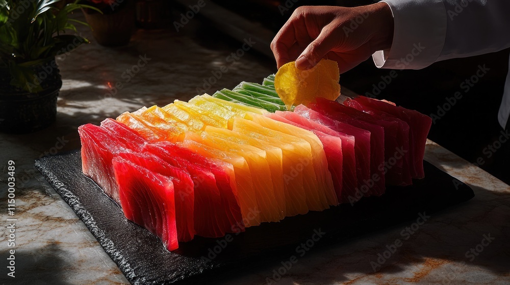 Aufkleber A vibrant display of colorful sliced fruits arranged in a gradient pattern.