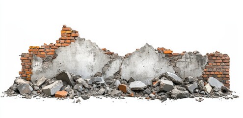 Destroyed brick and concrete wall with rubble isolated on white background.