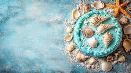 Naklejka premium A decorative beach-themed cake surrounded by seashells and a starfish on a sandy surface.