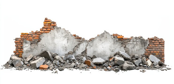 Destroyed brick and concrete wall with rubble isolated on white background.