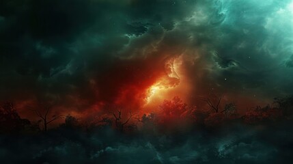 Fototapeta premium A dramatic sky filled with swirling clouds and vibrant colors, creating a mystical atmosphere.