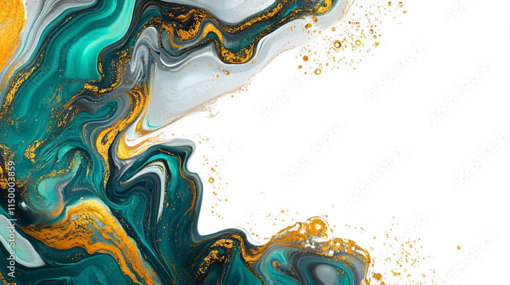 Poster Abstract gold and turquoise flowing patterns with intricate textures, creating a luxurious and artistic effect. Isolated on white background