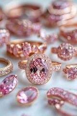 A collection of elegant pink gemstone rings and jewelry displayed on a surface.