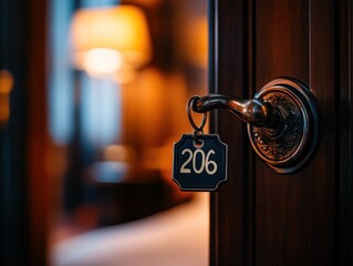 A hotel room door with a key tag showing room number 206, creating a welcoming ambiance.