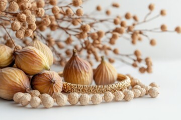 A still life arrangement featuring figs, decorative beads, and dried plant elements.