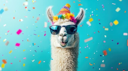 Obraz premium A festive llama wearing sunglasses and a colorful party hat amidst confetti.