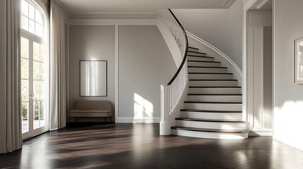 Obraz premium Stylish entryway with a curved staircase dark wooden floor