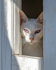 A white cat with striking purple eyes peeks through a window, exuding curiosity and charm.