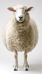 Fototapeta premium A fluffy white sheep stands upright against a plain background.