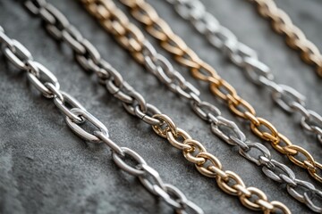 Obraz premium A collection of metal chains in silver and gold tones displayed on a textured surface.